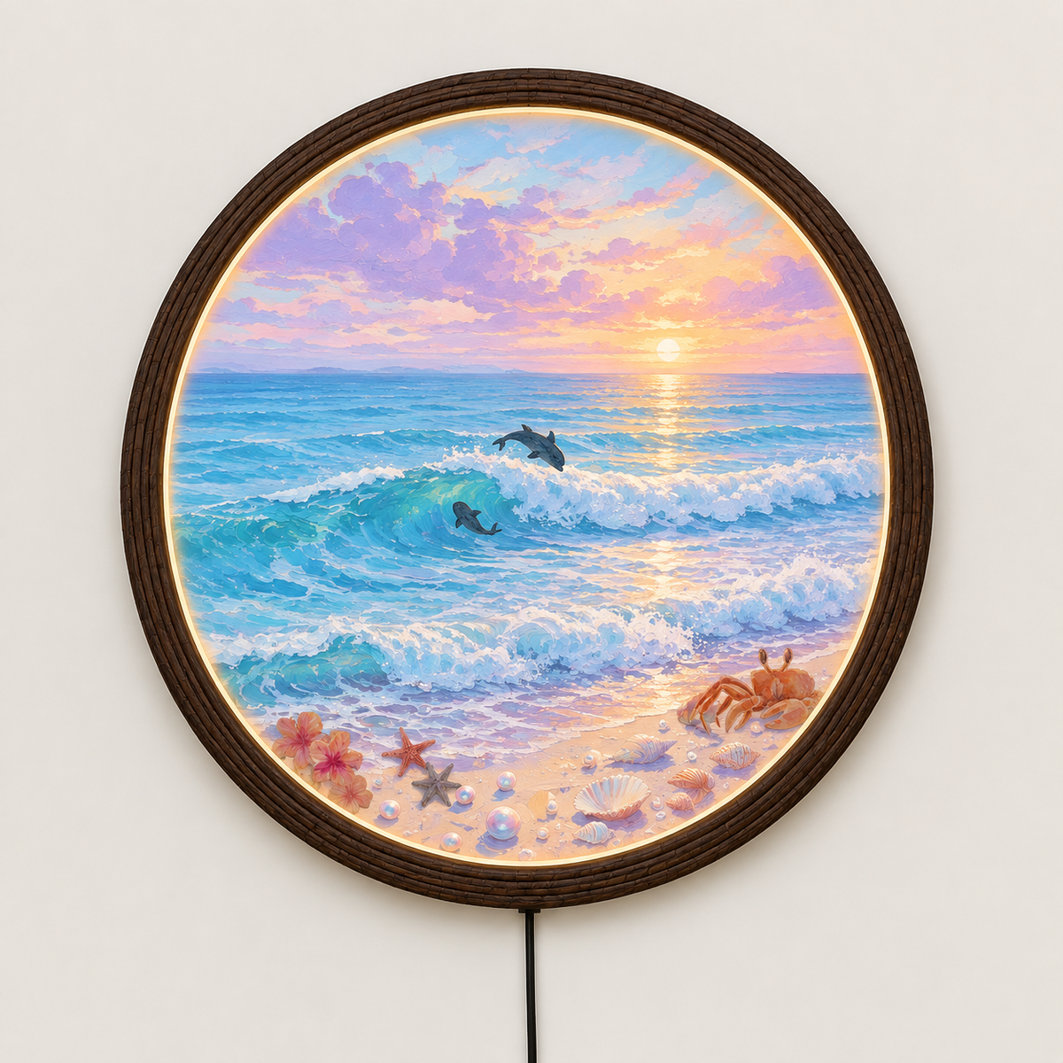Coastal Sunset LED Wall Art – Round Ocean Wall Decor with Dolphins & Sea Life