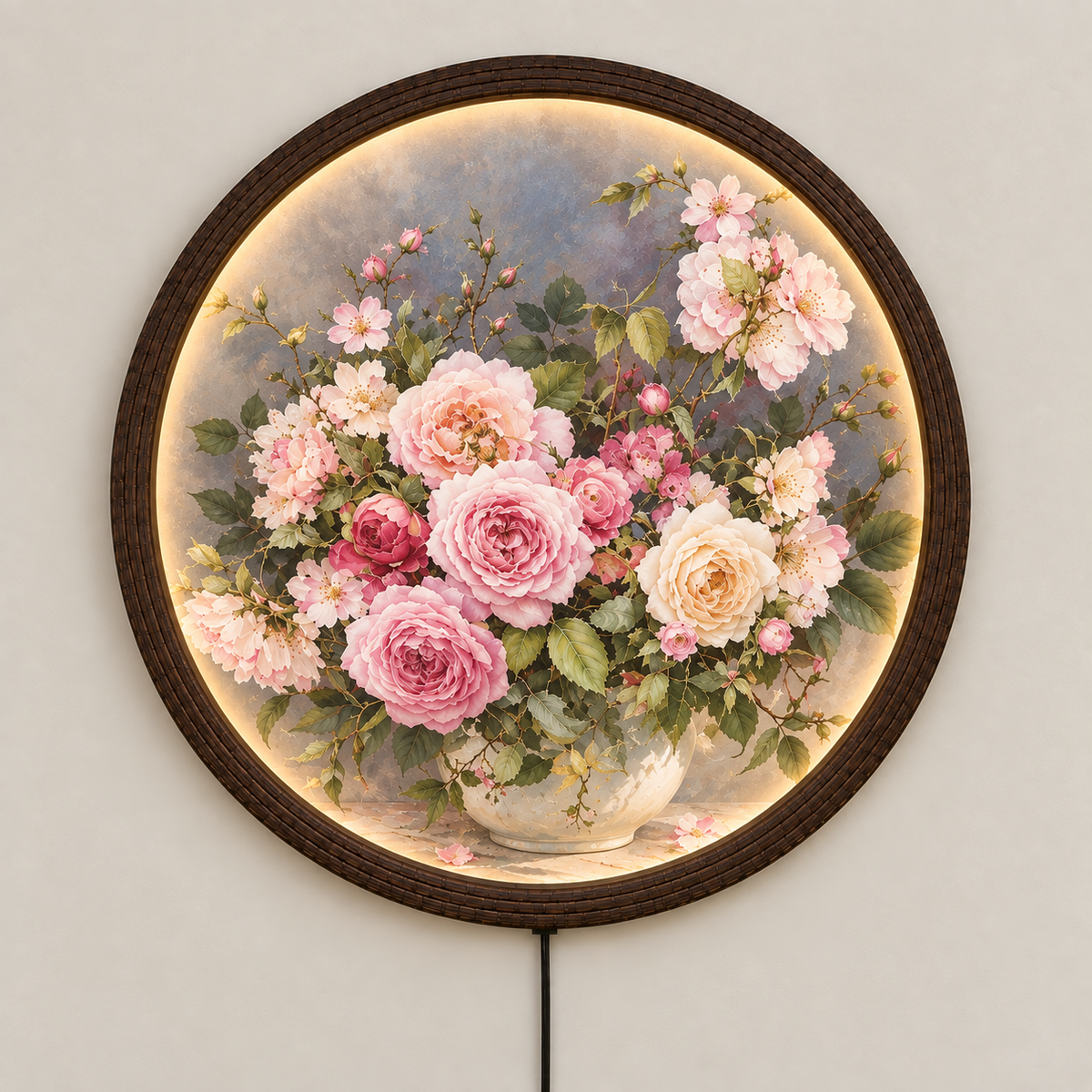 Floral Round LED Wall Art – Illuminated Rose Bouquet Home Decor
