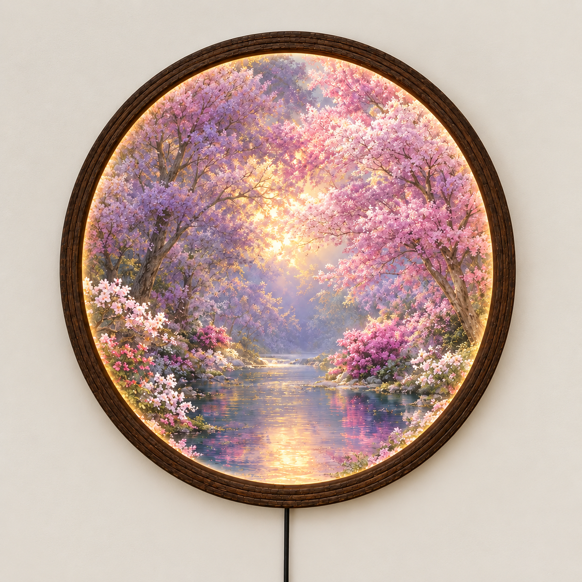 Purple Blossom Garden Round LED Wall Art – Illuminated Floral Wall Decor