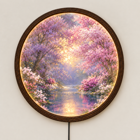 Purple Blossom Garden Round LED Wall Art – Illuminated Floral Wall Decor