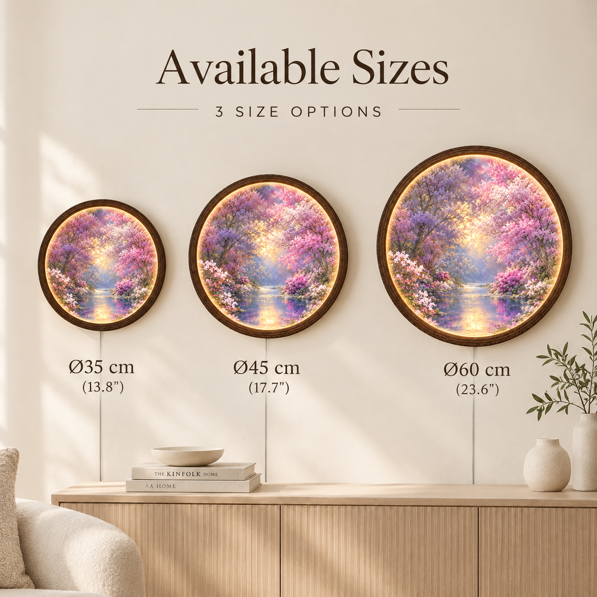 Purple Blossom Garden Round LED Wall Art – Illuminated Floral Wall Decor