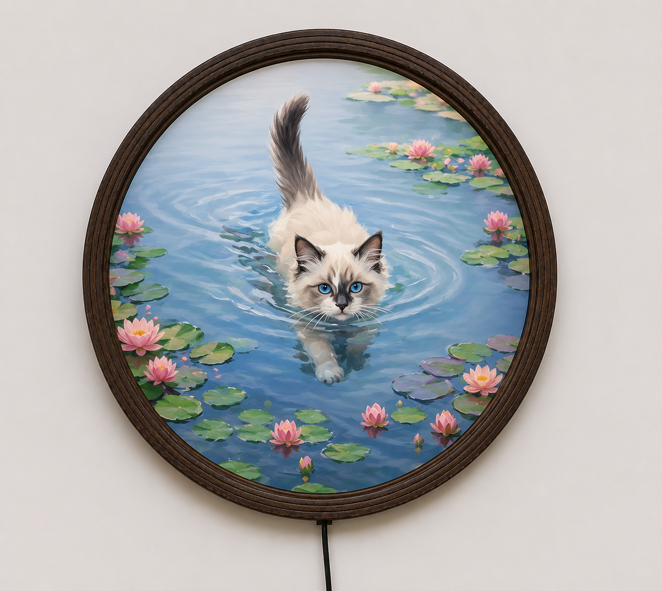 Illuminated Swimming Ragdoll Cat Wall Art - Round LED Lotus Pond Painting Frame