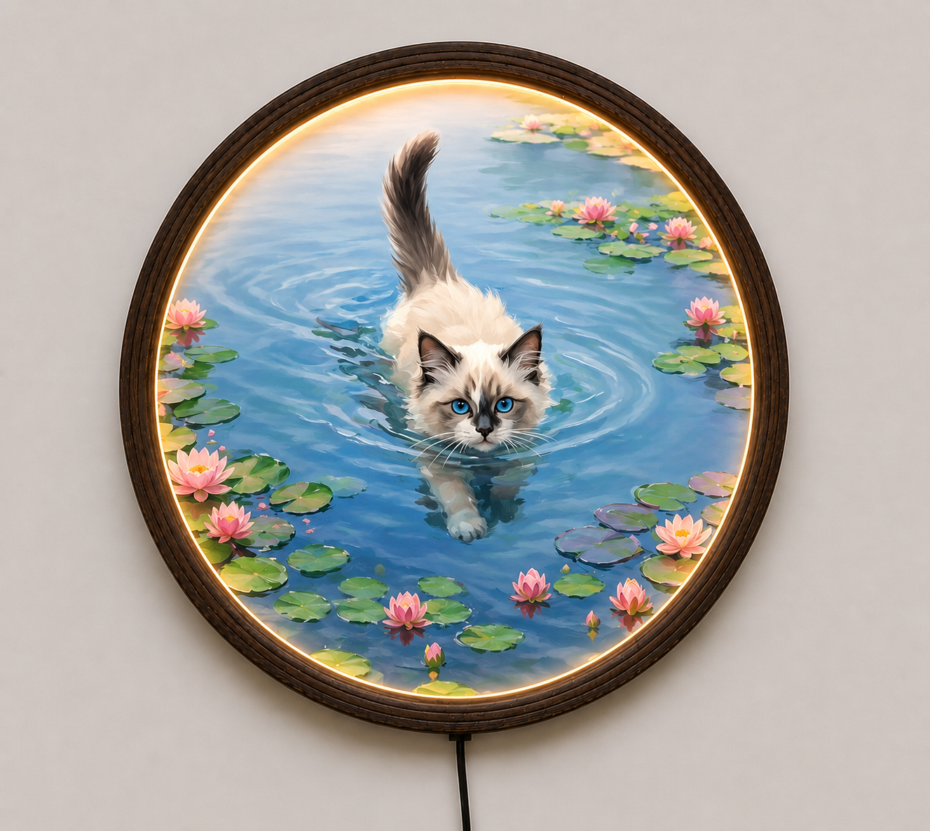 Illuminated Swimming Ragdoll Cat Wall Art - Round LED Lotus Pond Painting Frame