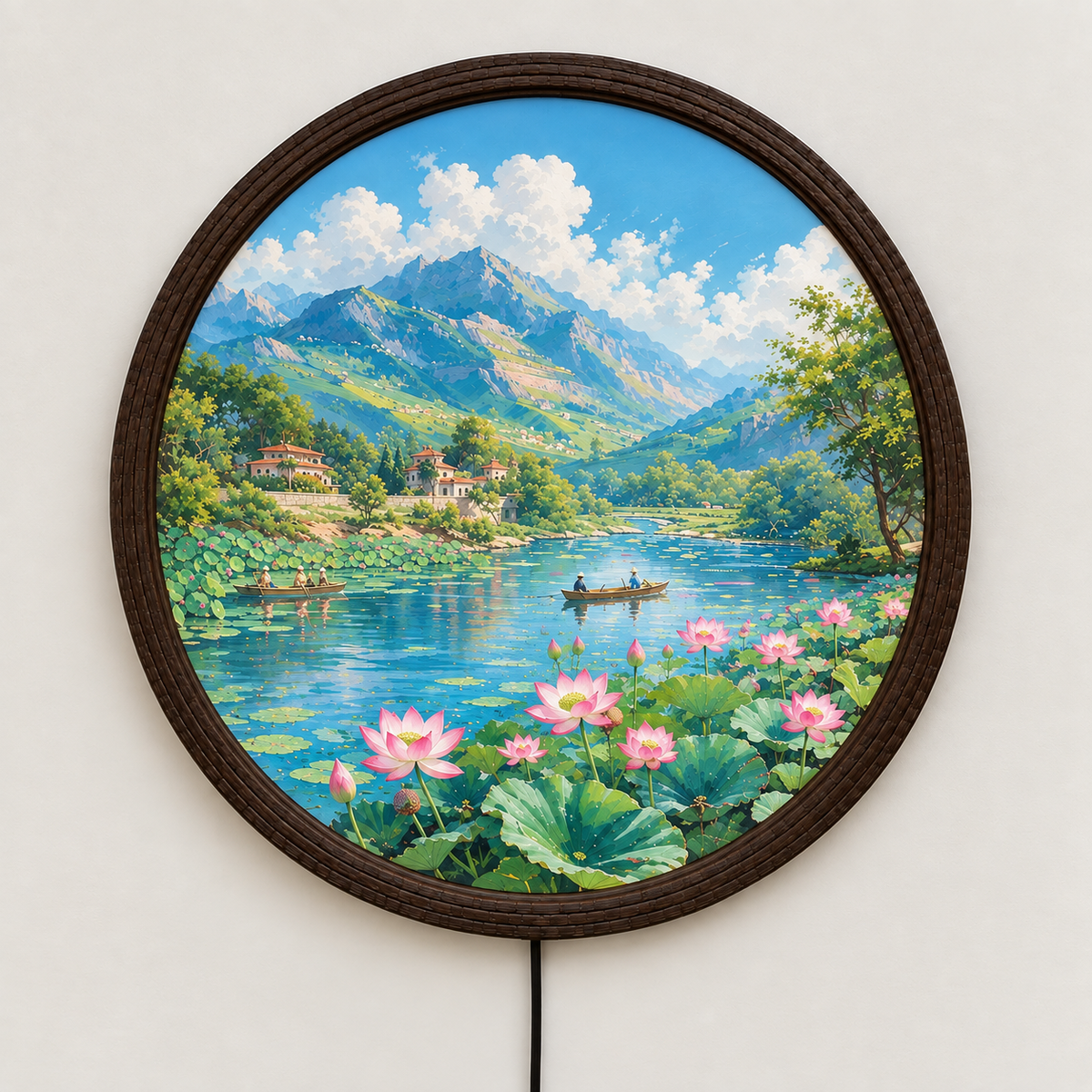 Round LED Wall Art with Mountain & Lotus Landscape – Illuminated Home Decor