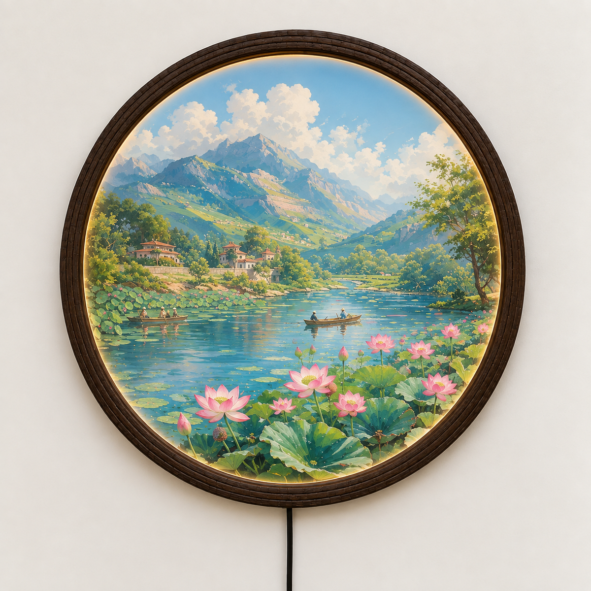 Round LED Wall Art with Mountain & Lotus Landscape – Illuminated Home Decor
