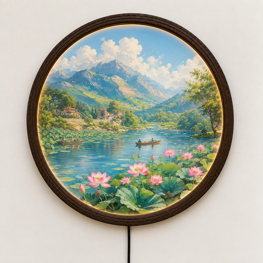 Round LED Wall Art with Mountain & Lotus Landscape – Illuminated Home Decor