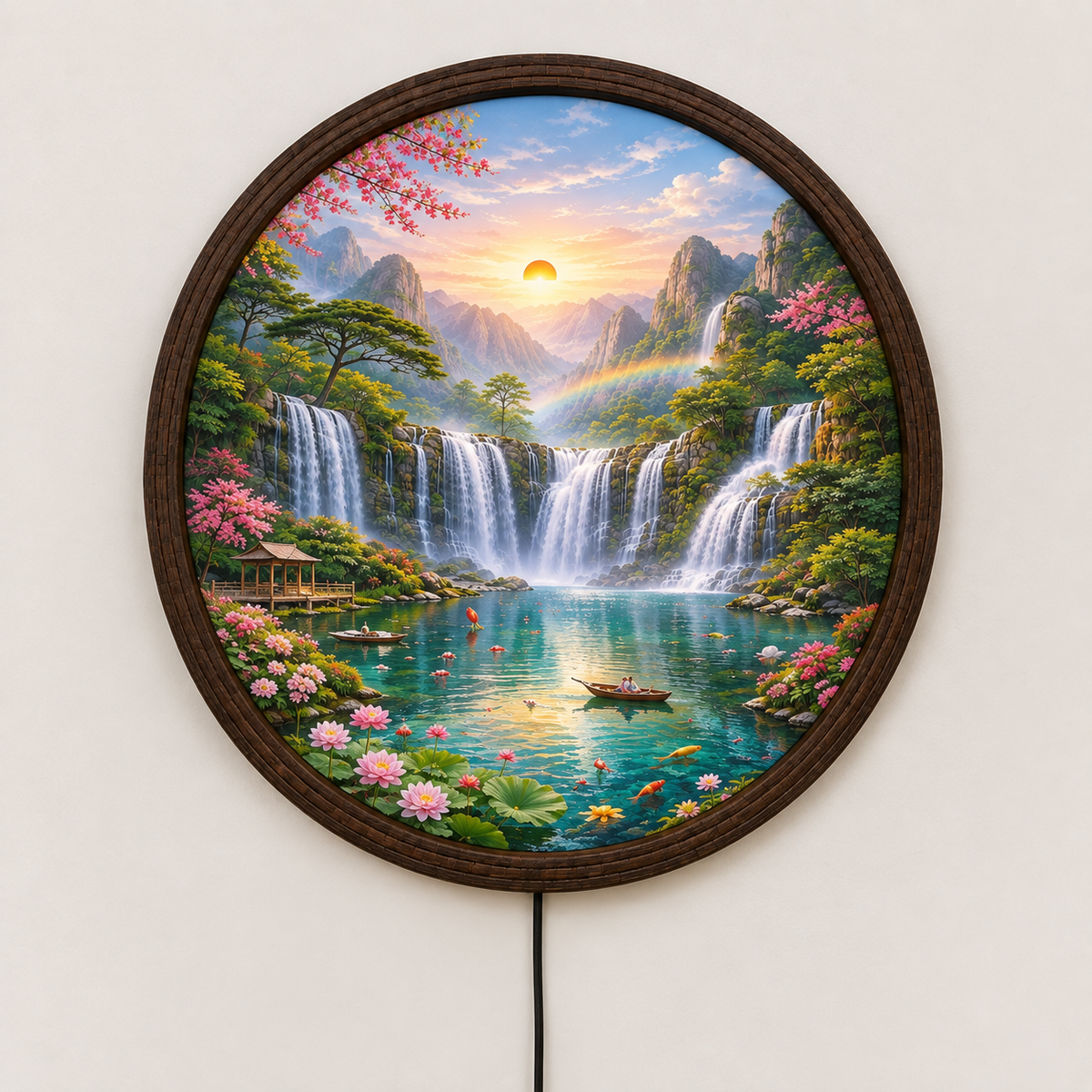 Tranquil Waterfall Landscape LED Wall Art – Round Illuminated Home Decor