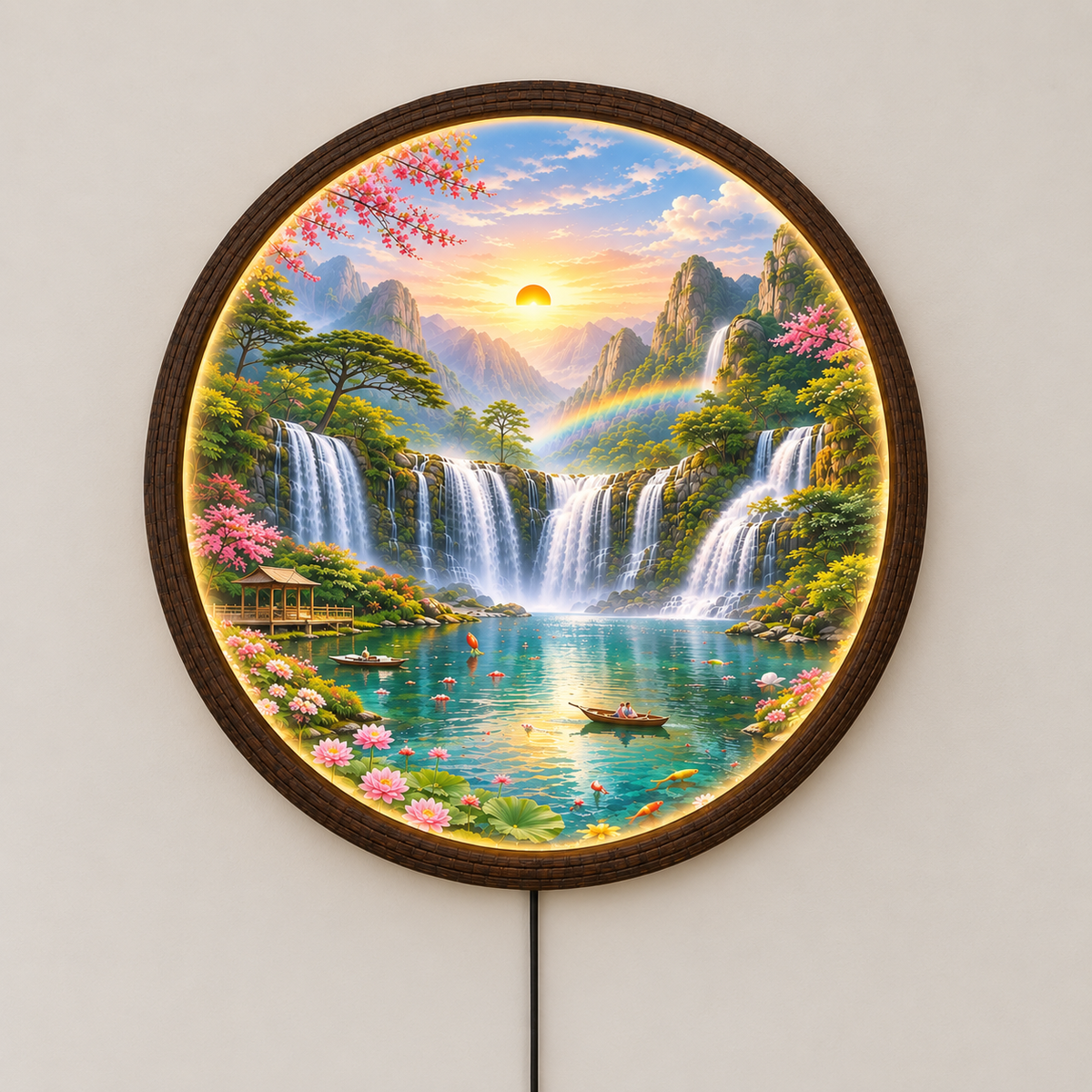 Tranquil Waterfall Landscape LED Wall Art – Round Illuminated Home Decor