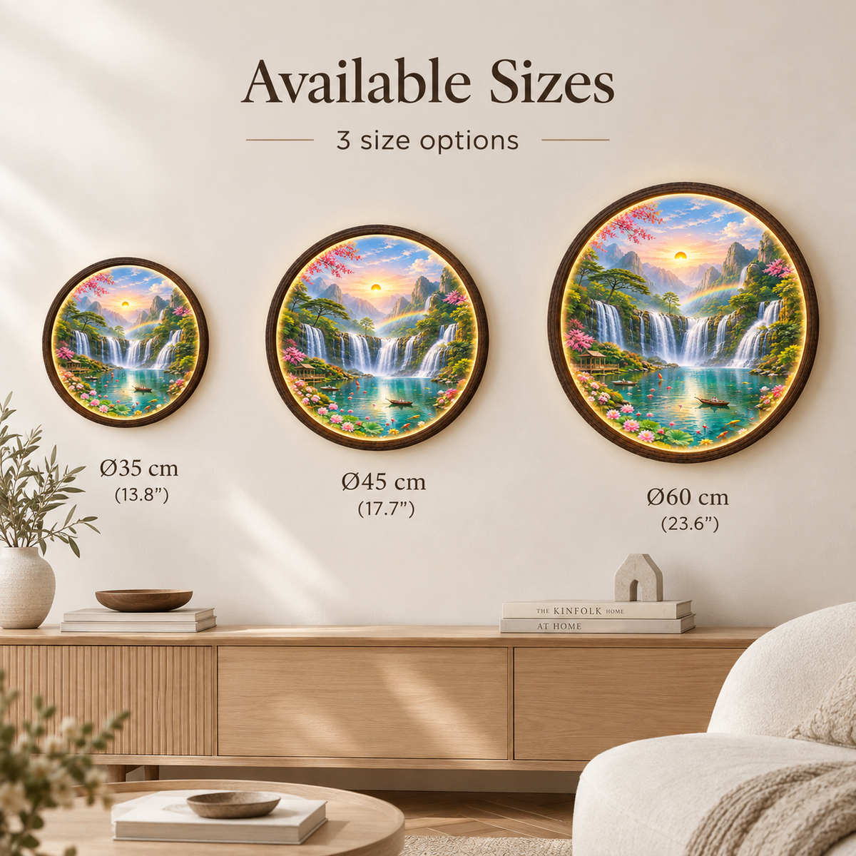 Tranquil Waterfall Landscape LED Wall Art – Round Illuminated Home Decor