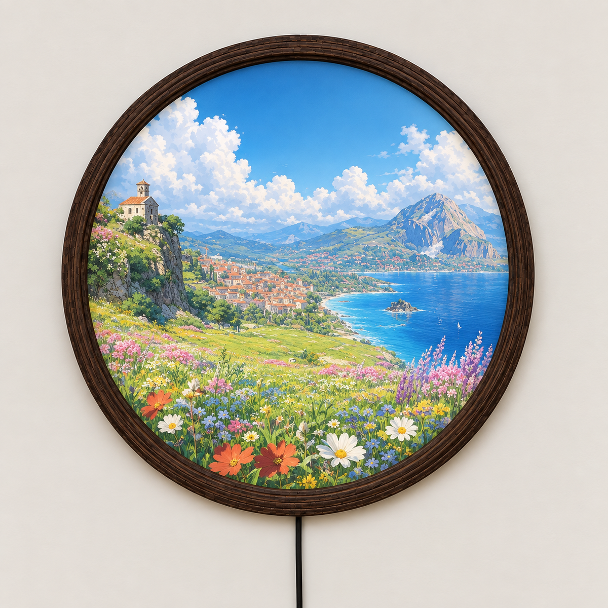 Coastal Village Illuminated Round Wall Art – LED Lighted Landscape Wall Decor
