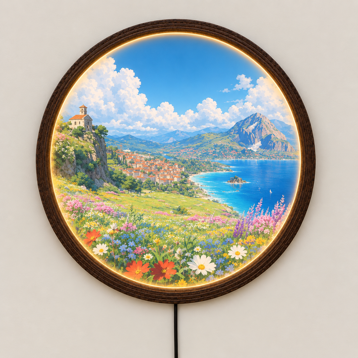 Coastal Village Illuminated Round Wall Art – LED Lighted Landscape Wall Decor