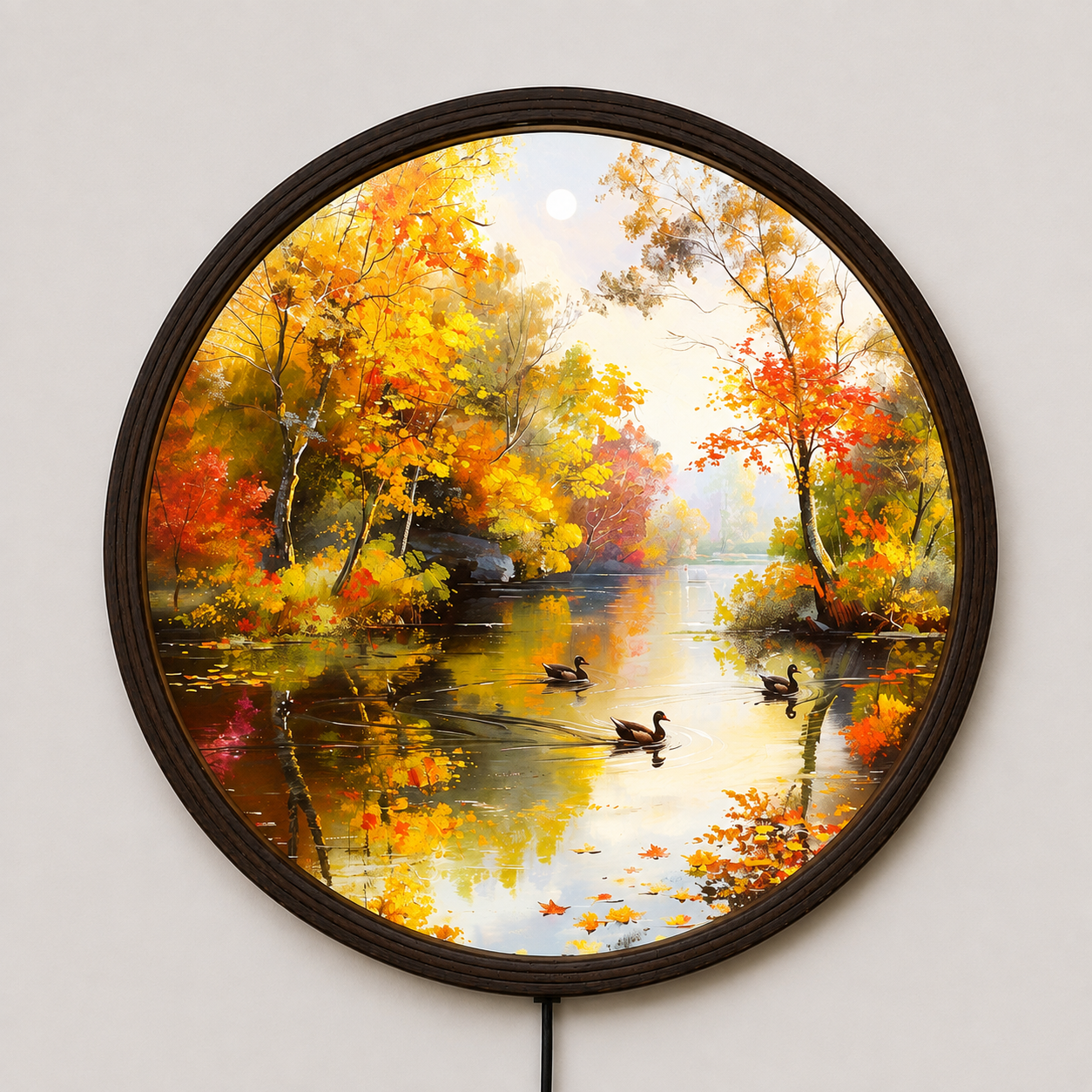 Illuminated Autumn Lake Round Canvas Wall Art with LED Backlight