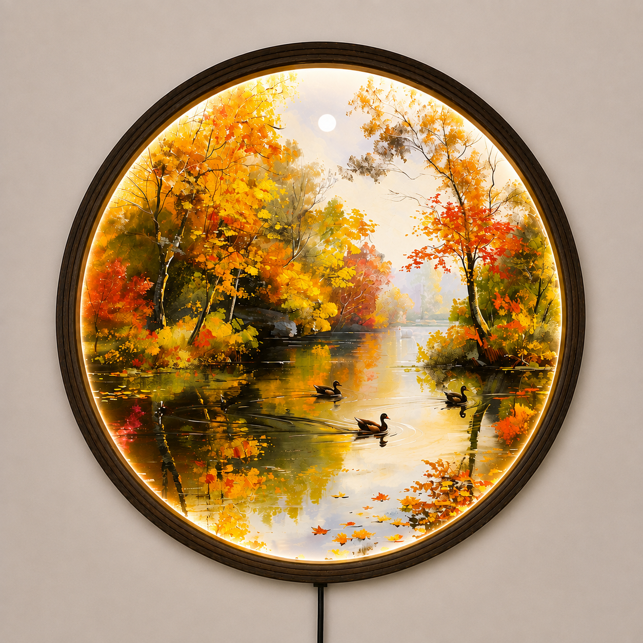 Illuminated Autumn Lake Round Canvas Wall Art with LED Backlight