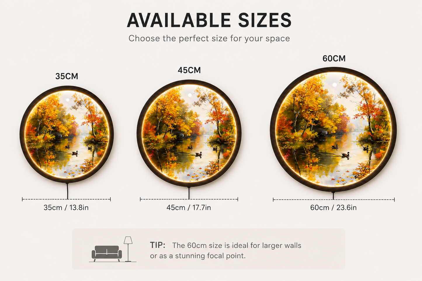 Illuminated Autumn Lake Round Canvas Wall Art with LED Backlight