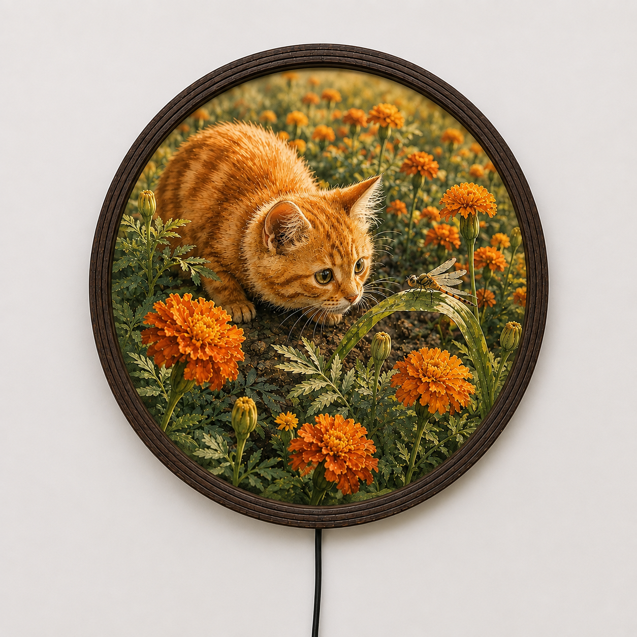 Round Wooden Frame Orange Tabby Cat Wall Art - Nature Scene with Marigolds and Dragonfly, LED Backlit