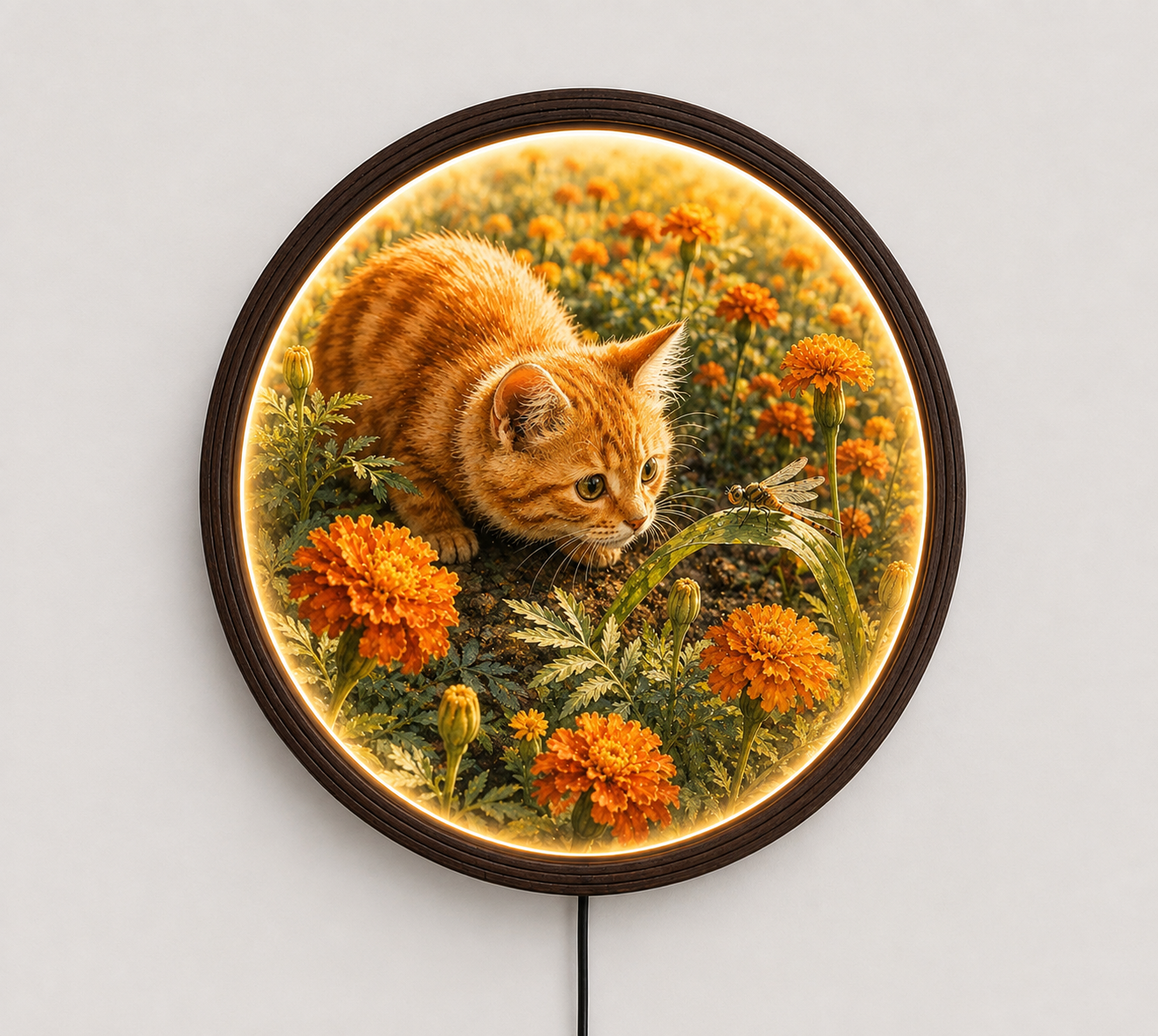 Round Wooden Frame Orange Tabby Cat Wall Art - Nature Scene with Marigolds and Dragonfly, LED Backlit