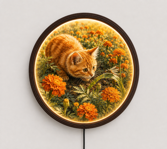 Round Wooden Frame Orange Tabby Cat Wall Art - Nature Scene with Marigolds and Dragonfly, LED Backlit