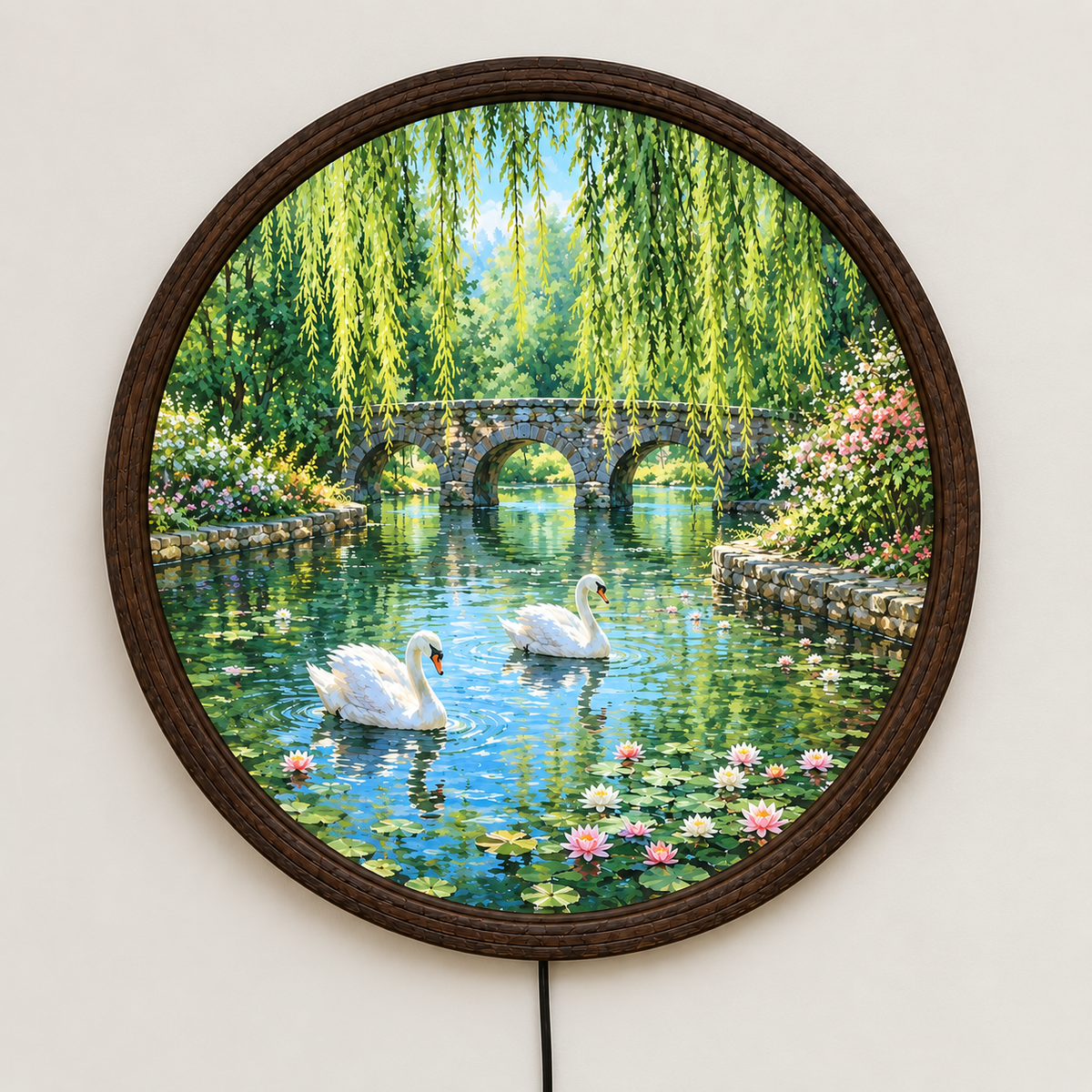 Swan Garden LED Wall Art – Round Illuminated Water Scene Wall Decor