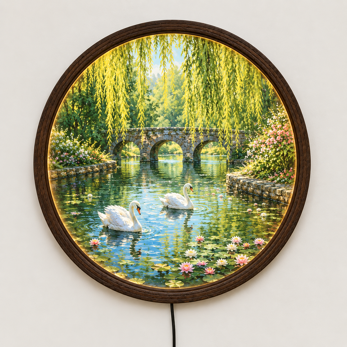 Swan Garden LED Wall Art – Round Illuminated Water Scene Wall Decor