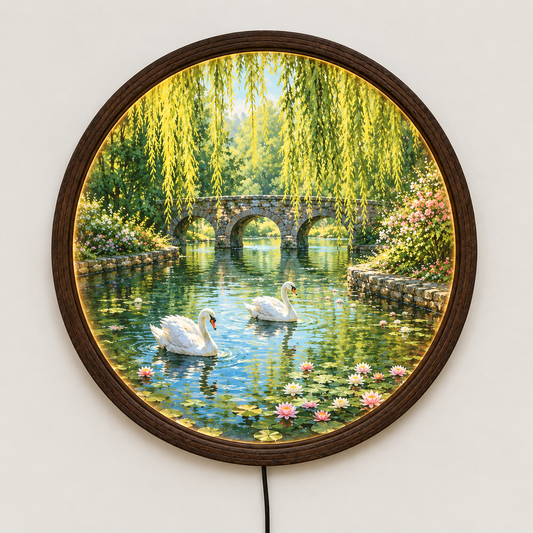 Swan Garden LED Wall Art – Round Illuminated Water Scene Wall Decor
