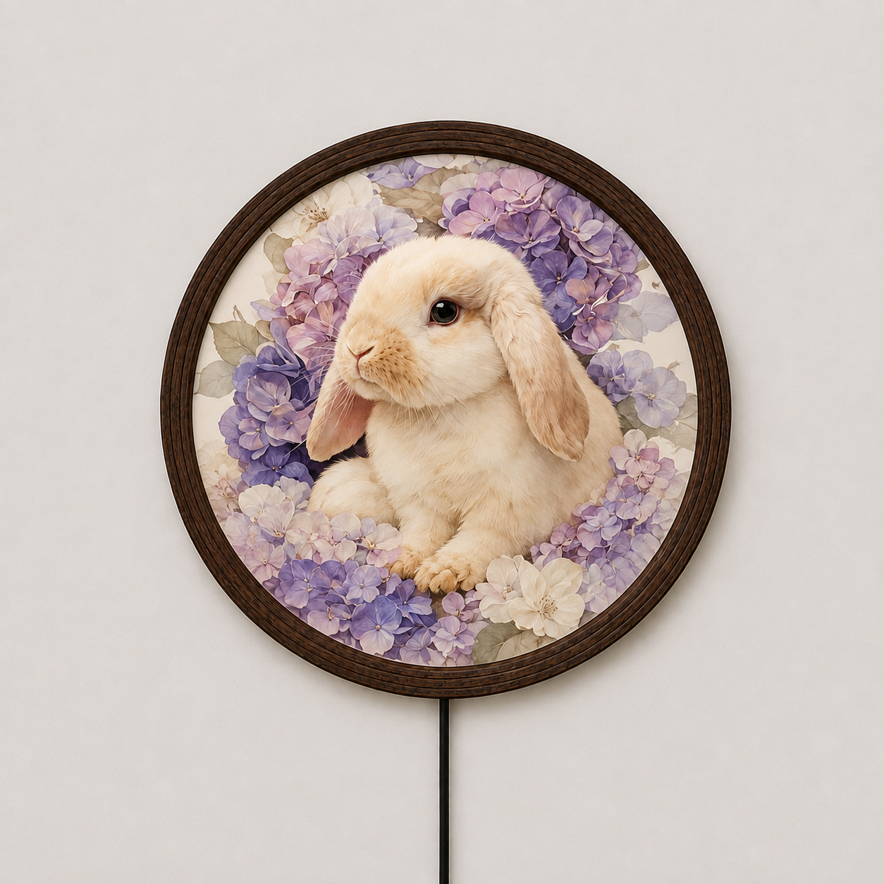 Floral Bunny LED Wall Art – Round Wooden Framed Rabbit Lighted Wall Decor