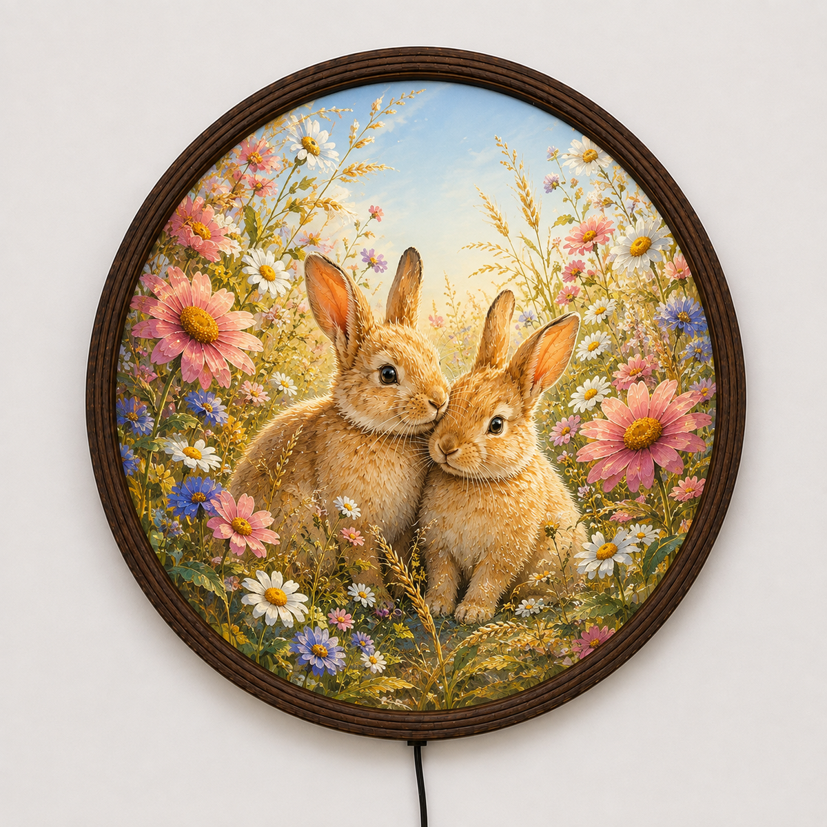 Enchanted Bunny Garden Round LED Wall Art – Whimsical Rabbit Floral Home Decor