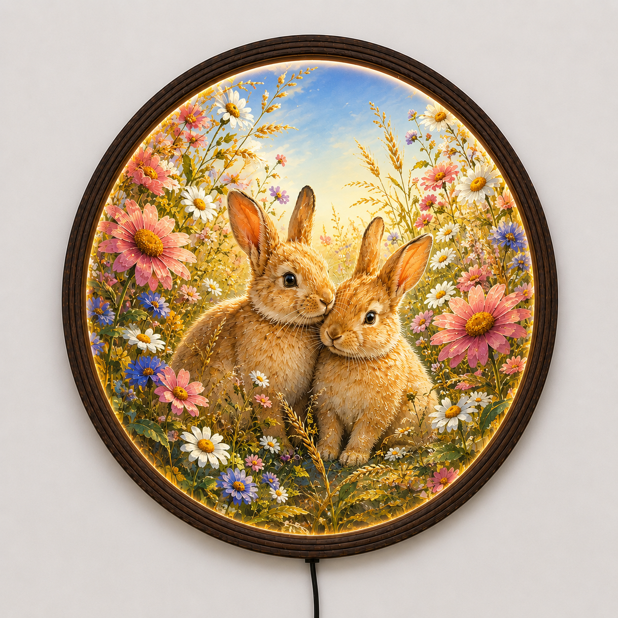 Enchanted Bunny Garden Round LED Wall Art – Whimsical Rabbit Floral Home Decor