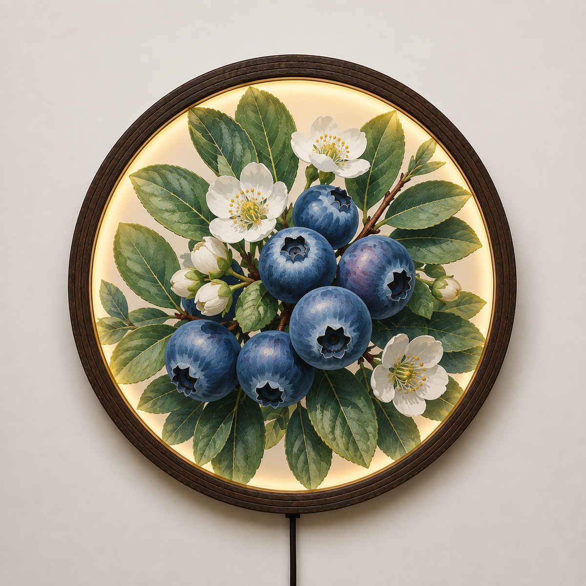 Illuminated Blueberry Botanical Wall Art, Round Wooden Framed LED Light Decor