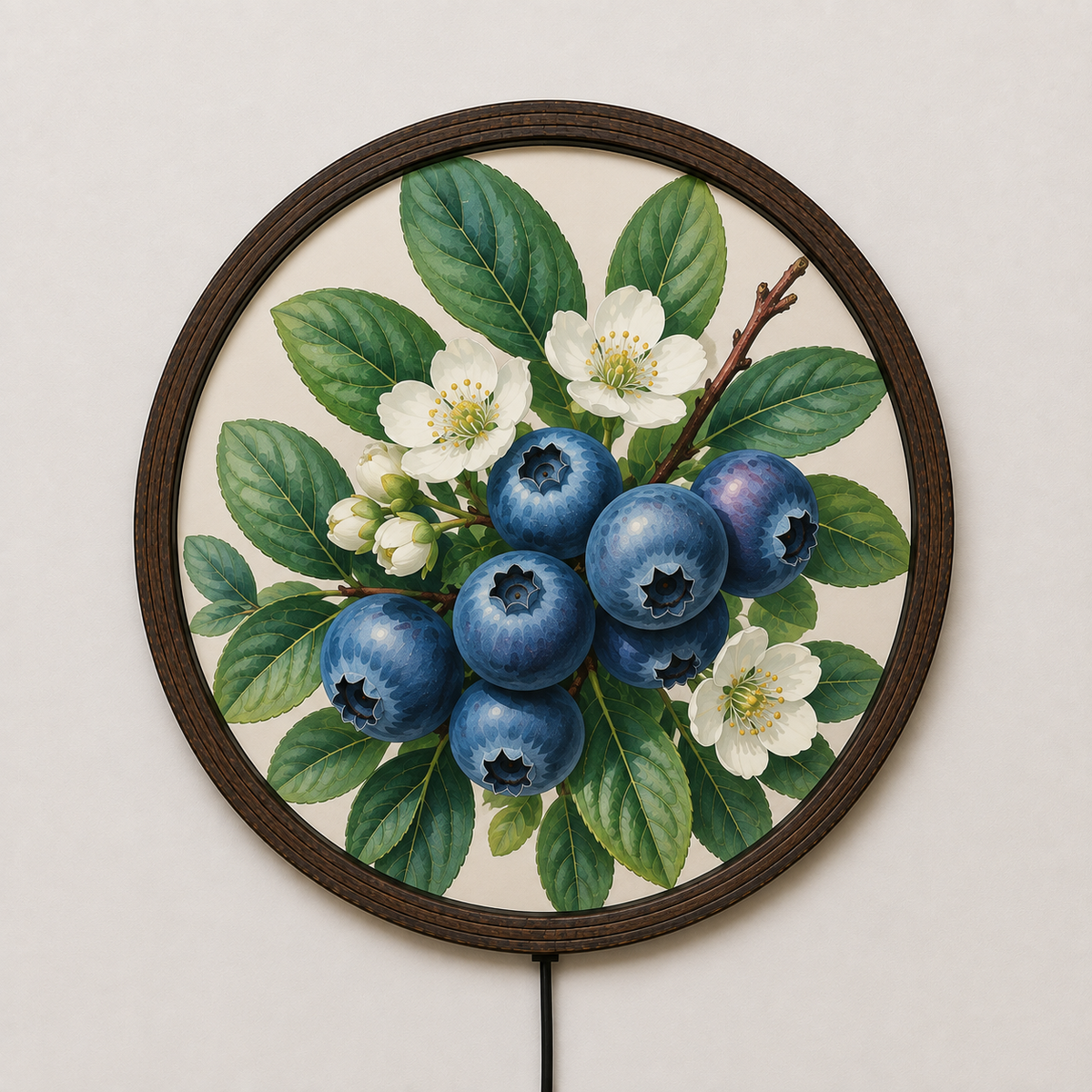 Illuminated Blueberry Botanical Wall Art, Round Wooden Framed LED Light Decor