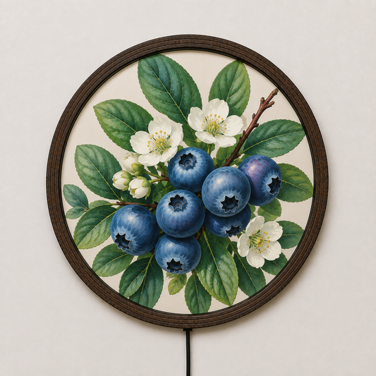 Illuminated Blueberry Botanical Wall Art, Round Wooden Framed LED Light Decor