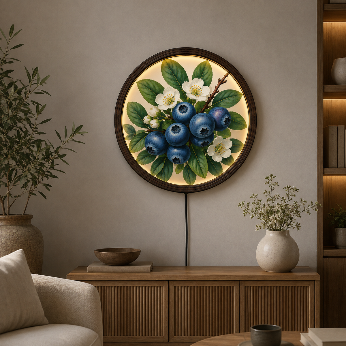 Illuminated Blueberry Botanical Wall Art, Round Wooden Framed LED Light Decor