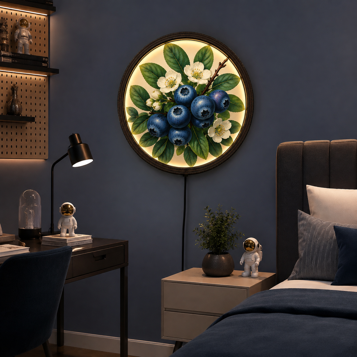 Illuminated Blueberry Botanical Wall Art, Round Wooden Framed LED Light Decor