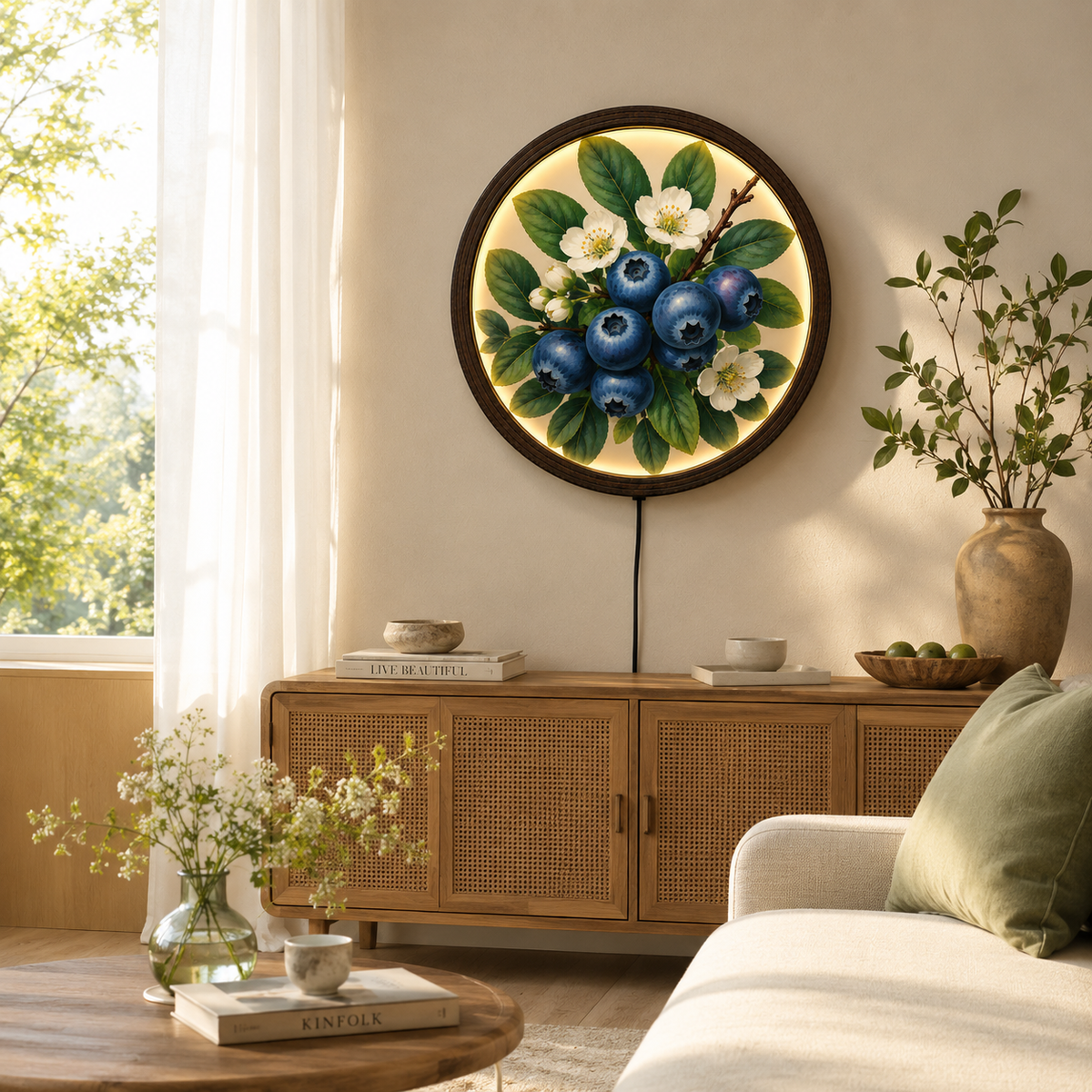 Illuminated Blueberry Botanical Wall Art, Round Wooden Framed LED Light Decor