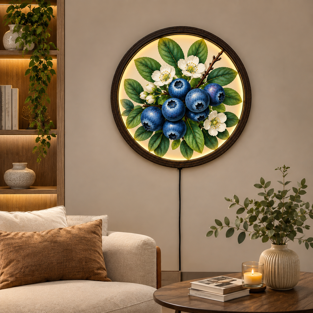 Illuminated Blueberry Botanical Wall Art, Round Wooden Framed LED Light Decor