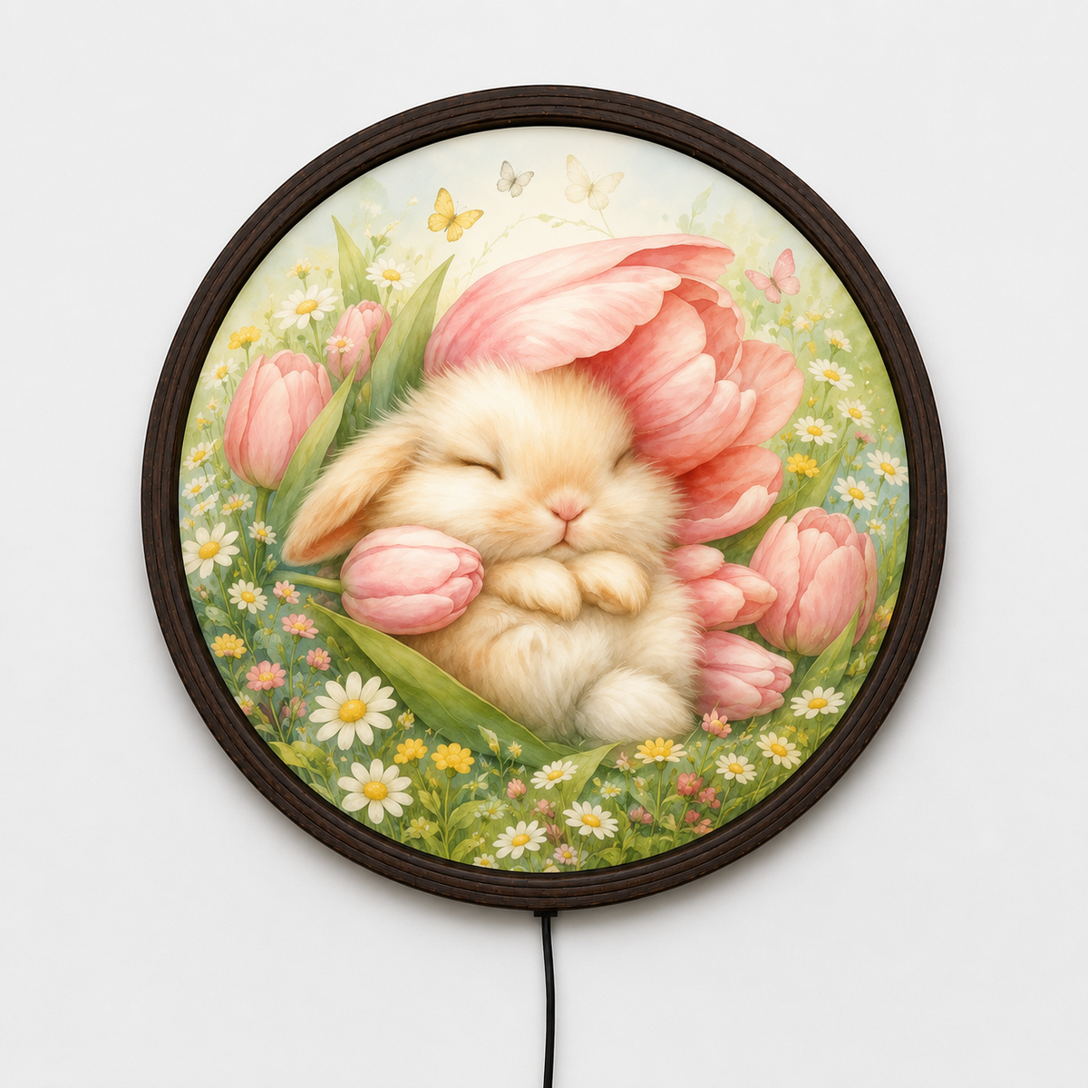 Floral Bunny LED Wall Art – Cute Rabbit Lighted Round Wall Decor for Bedroom & Nursery