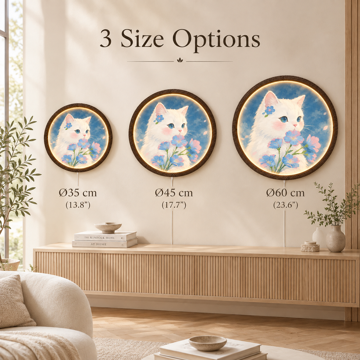 Whimsical White Cat & Blue Flowers LED Wall Art – Round Illuminated Wall Decor