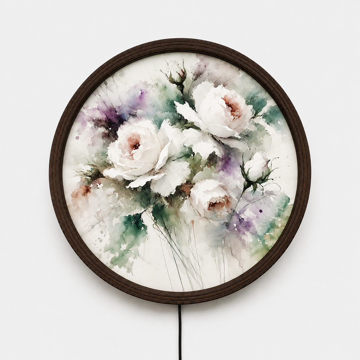 Round Floral LED Wall Art Light – Botanical Flower Wall Decor with Wooden Frame