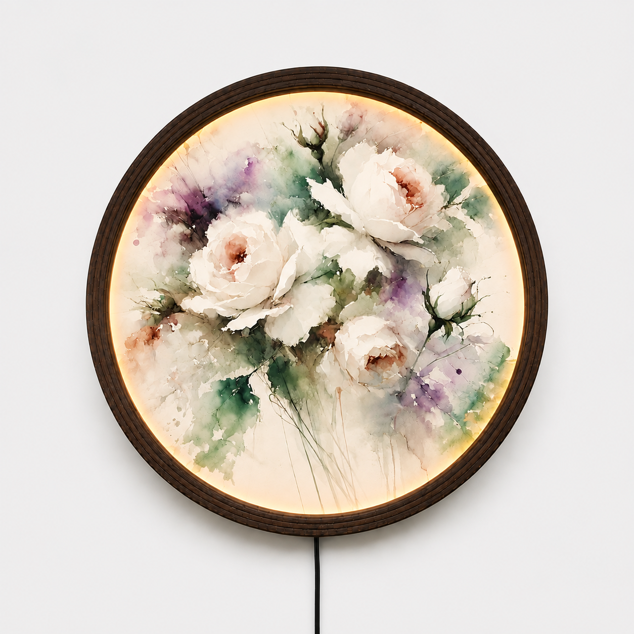 Round Floral LED Wall Art Light – Botanical Flower Wall Decor with Wooden Frame