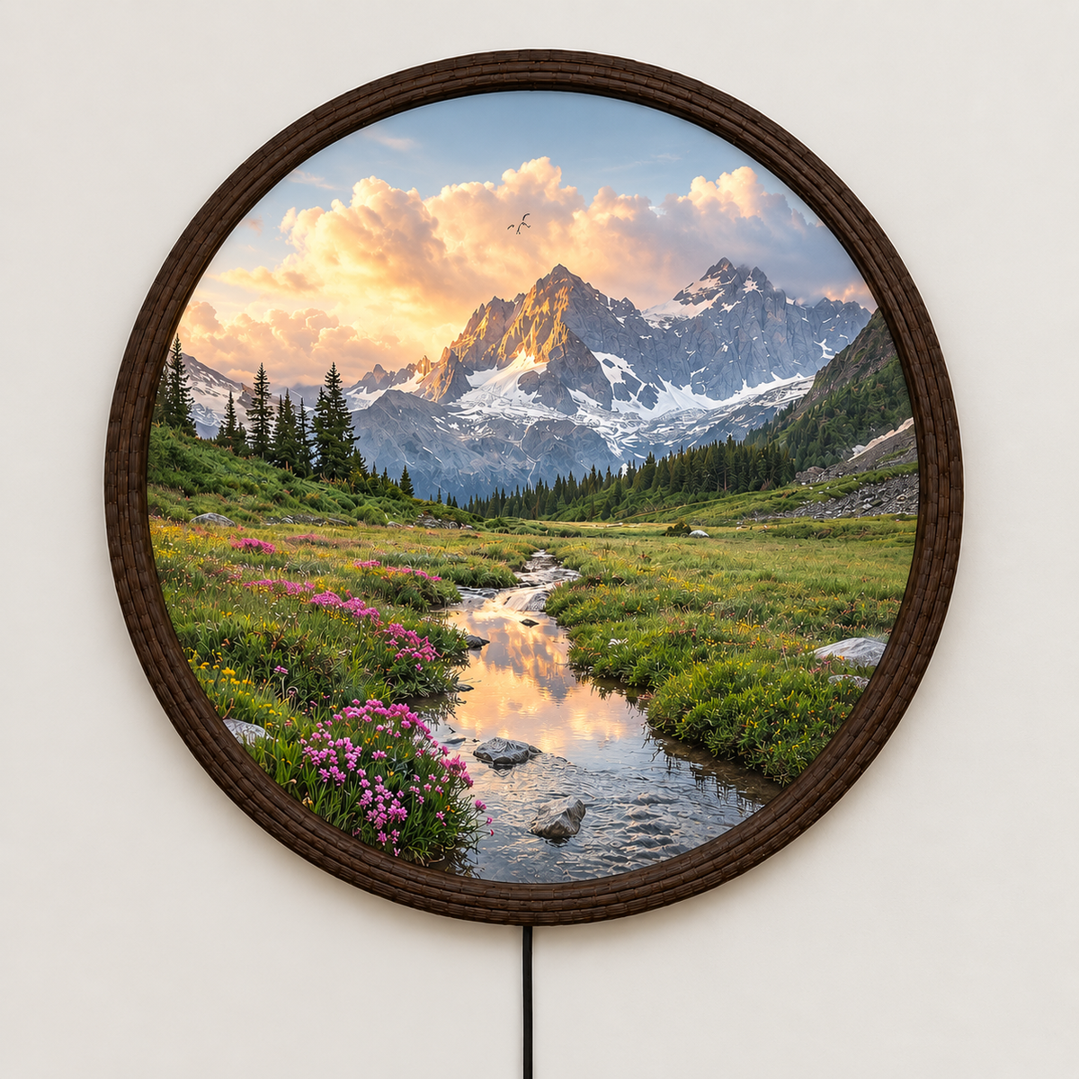 Mountain Landscape LED Wall Art – Round Illuminated Nature Wall Decor