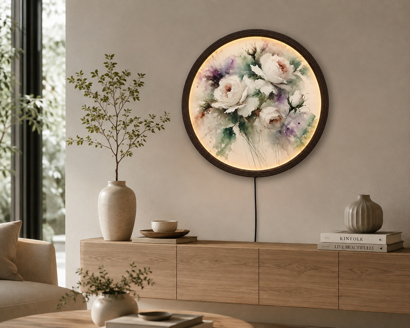 Round Floral LED Wall Art Light – Botanical Flower Wall Decor with Wooden Frame