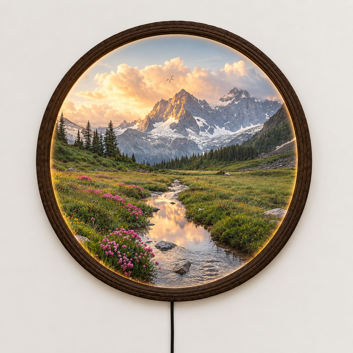 Mountain Landscape LED Wall Art – Round Illuminated Nature Wall Decor