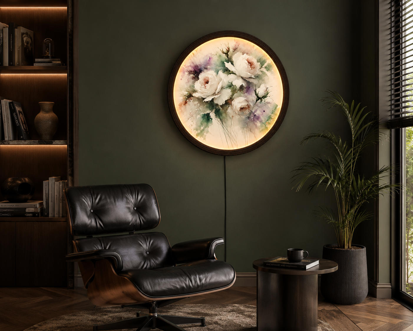 Round Floral LED Wall Art Light – Botanical Flower Wall Decor with Wooden Frame