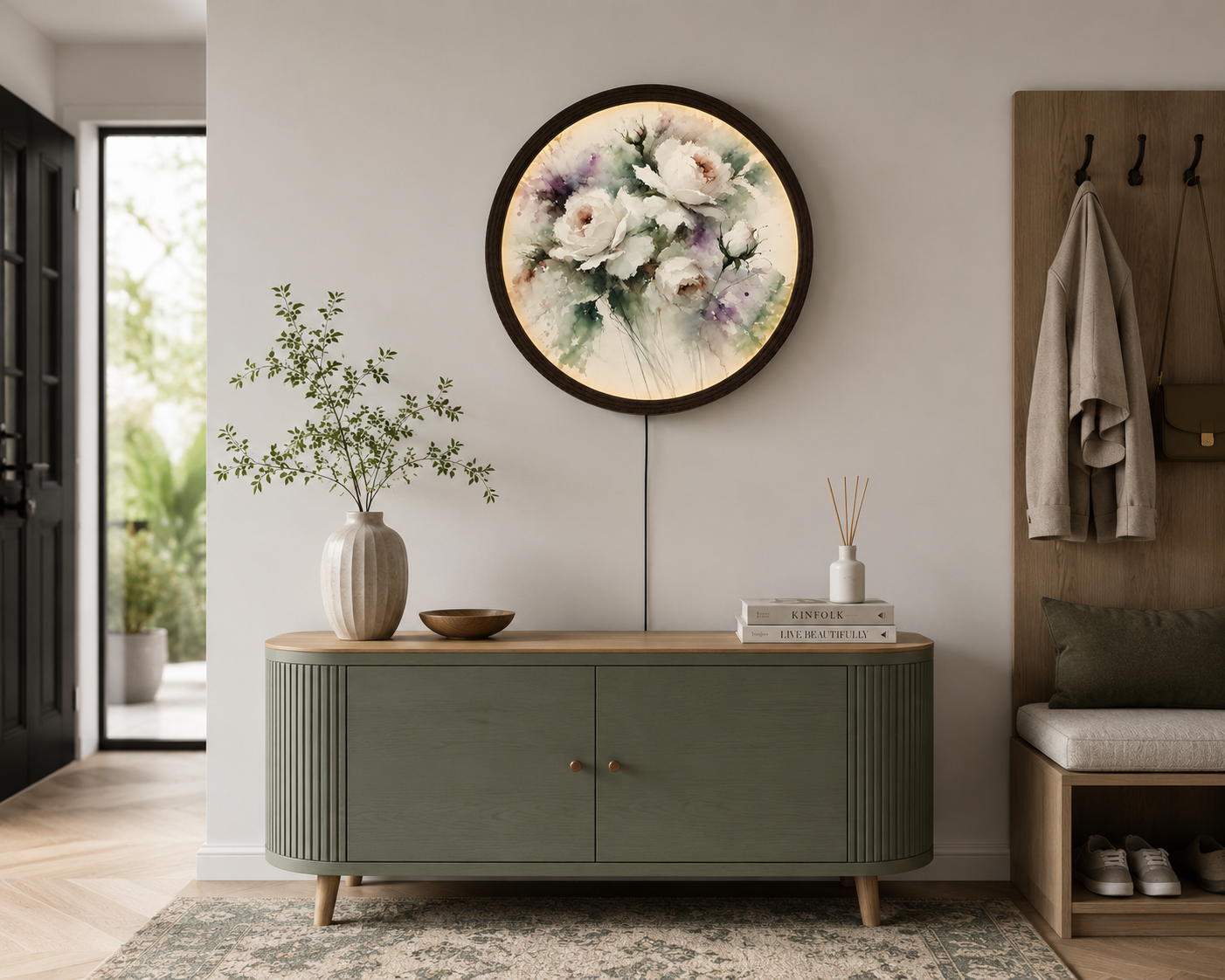 Round Floral LED Wall Art Light – Botanical Flower Wall Decor with Wooden Frame