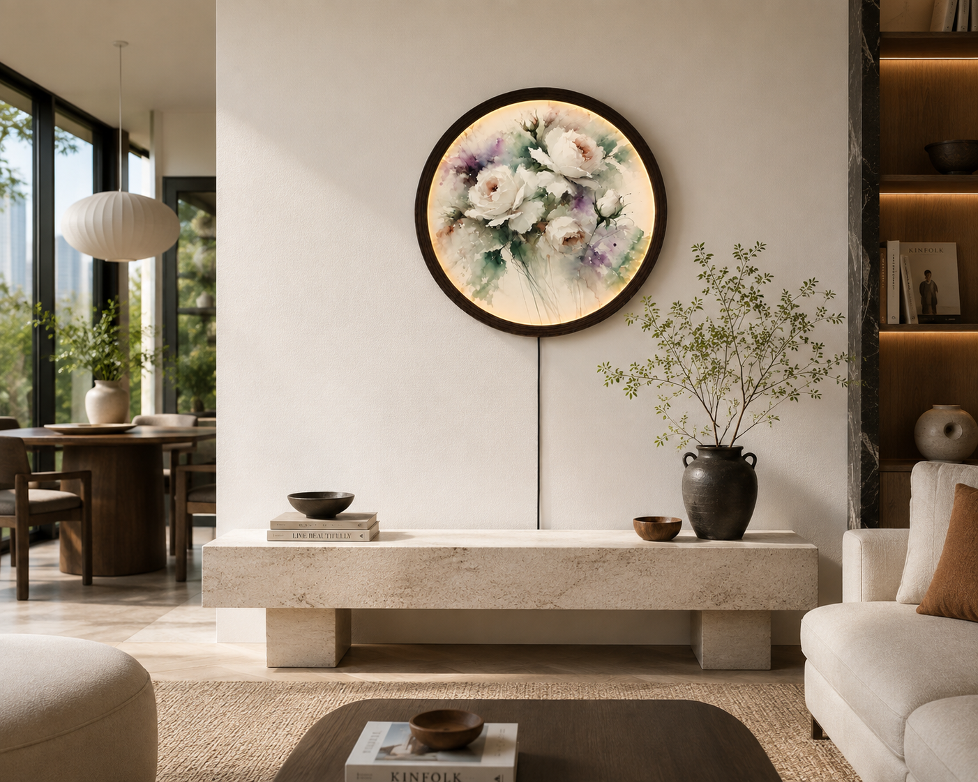 Round Floral LED Wall Art Light – Botanical Flower Wall Decor with Wooden Frame