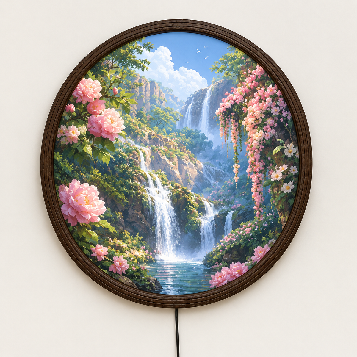 Floral Waterfall LED Wall Art Lamp – Round Illuminated Home Decor