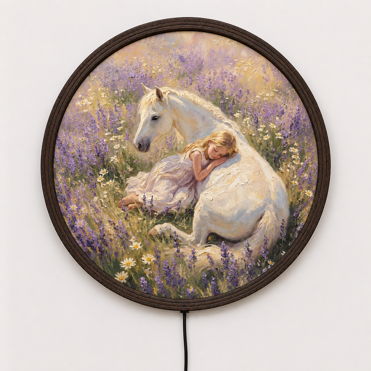 Round LED Wall Art – Sleeping Girl & White Horse Floral Lighted Wall Decor