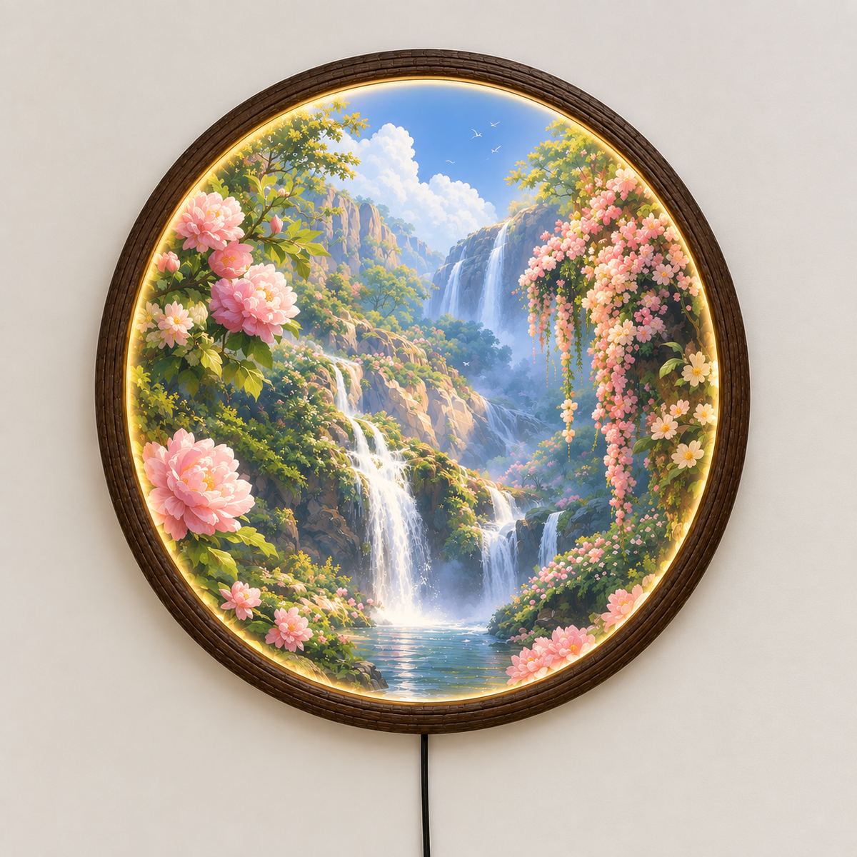 Floral Waterfall LED Wall Art Lamp – Round Illuminated Home Decor