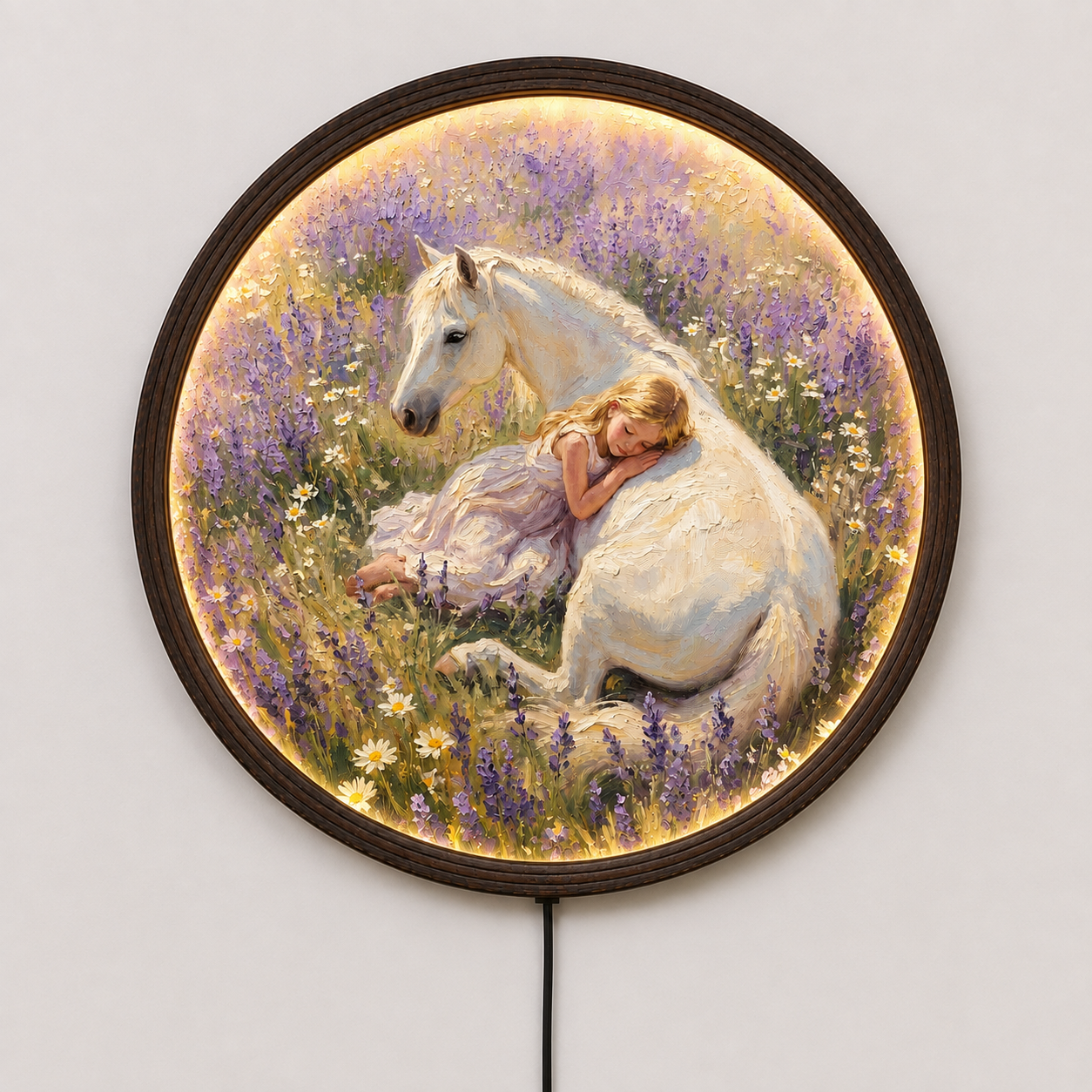 Round LED Wall Art – Sleeping Girl & White Horse Floral Lighted Wall Decor