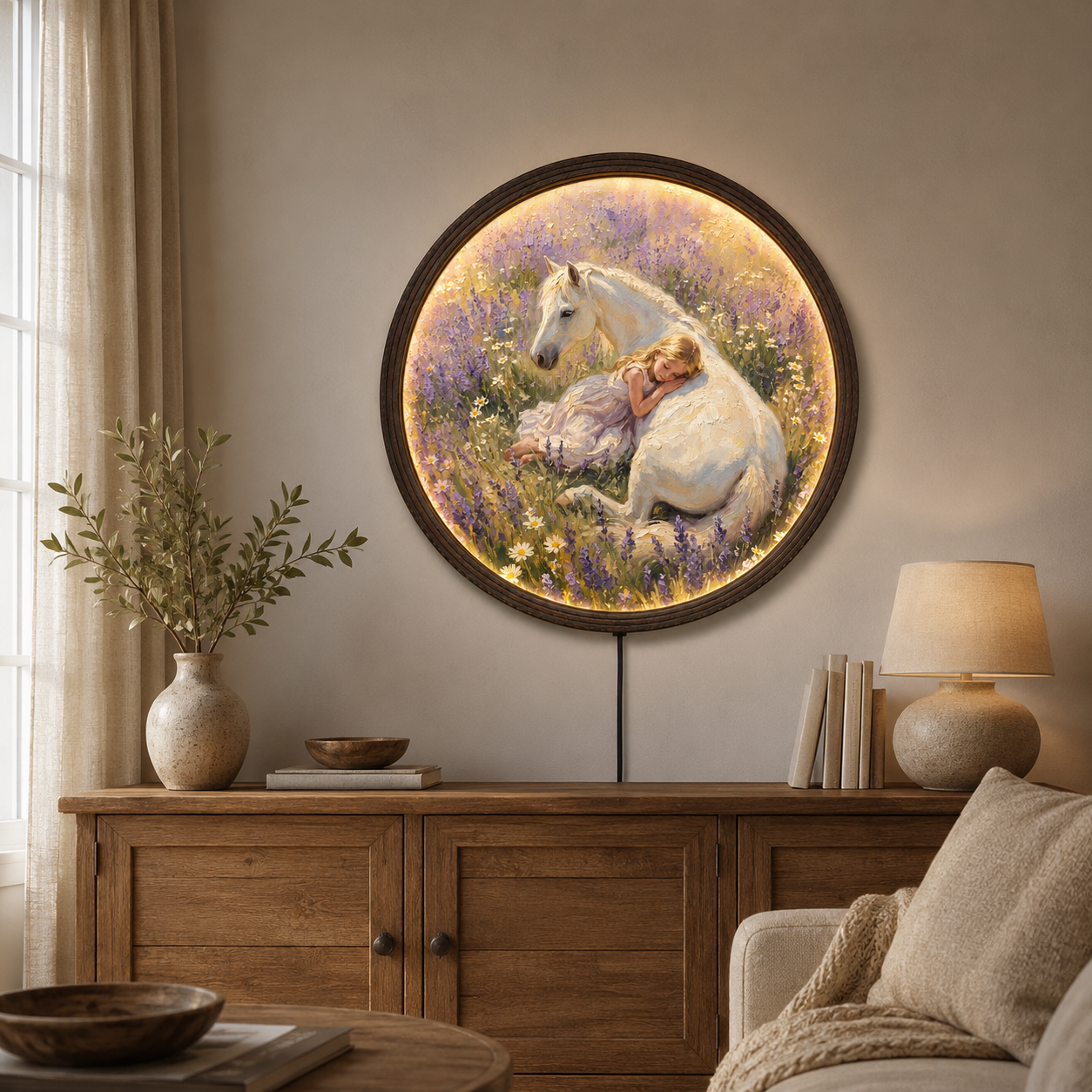 Round LED Wall Art – Sleeping Girl & White Horse Floral Lighted Wall Decor