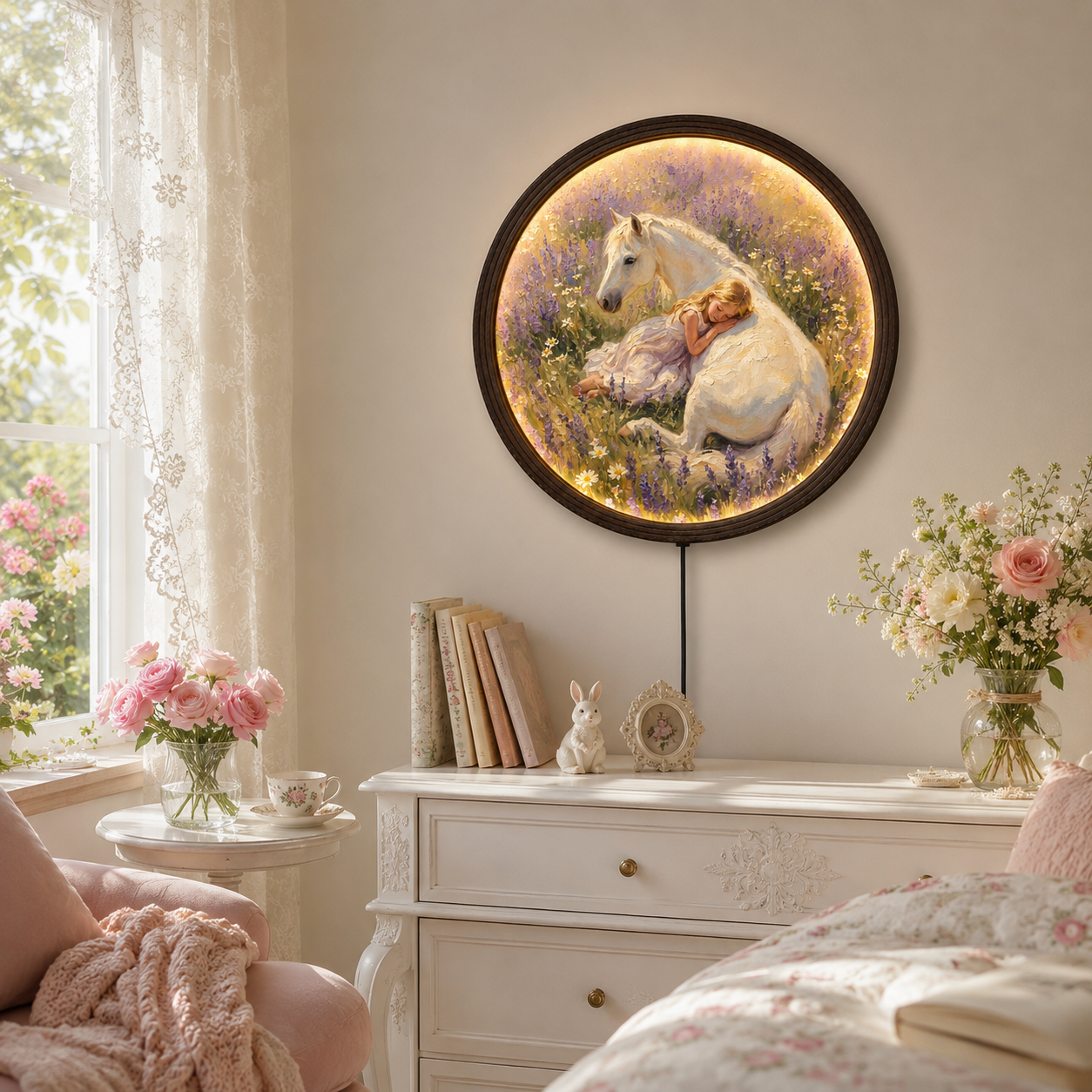 Round LED Wall Art – Sleeping Girl & White Horse Floral Lighted Wall Decor